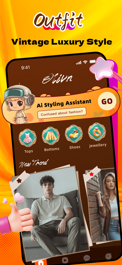 Olivn：Live Video Chat，Meet - 올리븐 앱 인터페이스에 빈티지 럭셔리 패션 카테고리와 트렌드 의상 스타일이 있는 AI 스타일링 도우미가 표시됩니다.