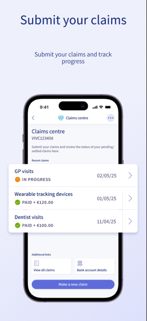 A smartphone display showing the MyIrishLife app claims center with tracked statuses for GP visits and wearable devices.
