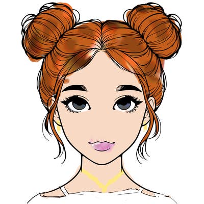 realistic girl with two buns on top of her head