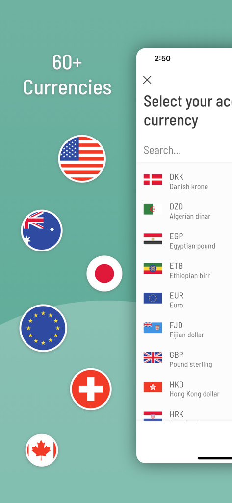 Oberfläche des FX-Rechners, die über 60 unterstützte Währungen und die Auswahl der Kontowährung anzeigt.