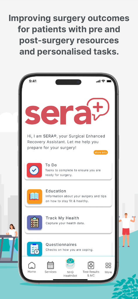NHG Health - SERA 플러스 수술 회복 지원을 위한 NHG Health 앱 화면.