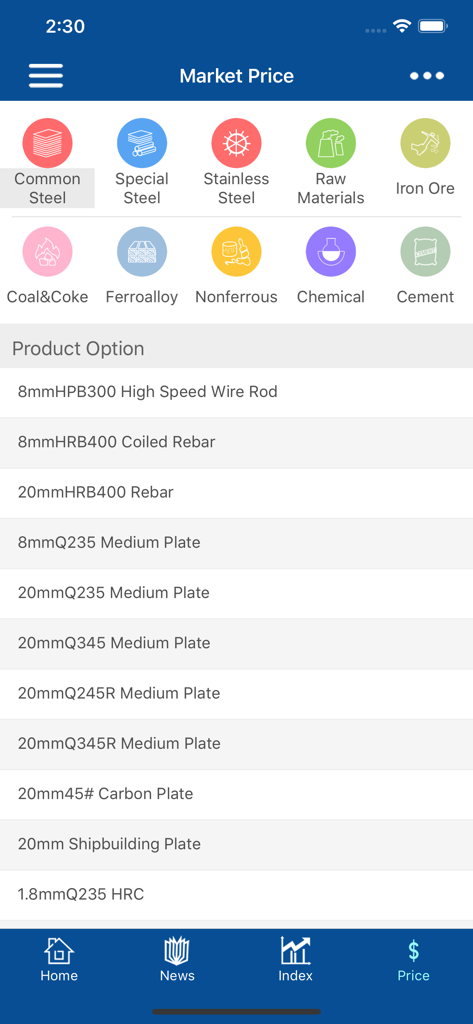 SteelHome - SteelHome app interface showing market price categories and product options for steel and raw materials.
