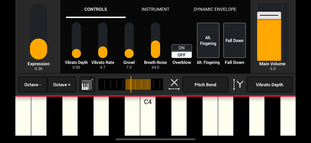 Interface of SWAM Tenor Sax app showing musical expression controls and a virtual keyboard