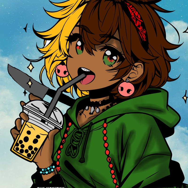hot baddie anime girl drinking boba and biting the straw