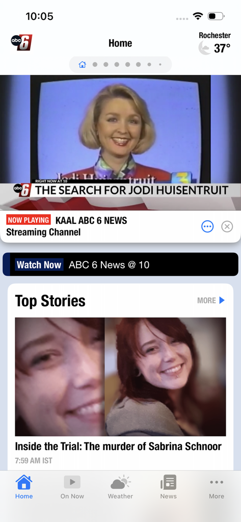 KAAL ABC 6 NEWS Minnesota Iowa - Home screen of the KAAL ABC 6 News app for Minnesota and Iowa showing top stories and Rochester weather