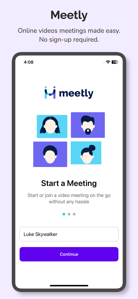 Meetly - Video Meetings - Interfaz de la aplicación Meetly mostrando la pantalla Iniciar Reunión con entrada de nombre y navegación fácil.