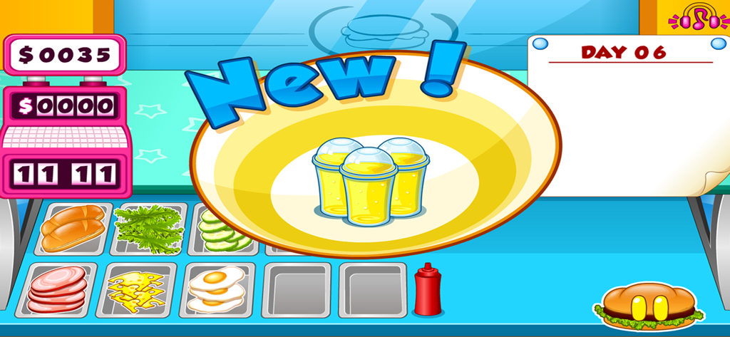 Go Fast Cooking Sandwiches - A screenshot of Go Fast Cooking Sandwiches showing a new drink item unlocked on Day 6 in the kitchen
