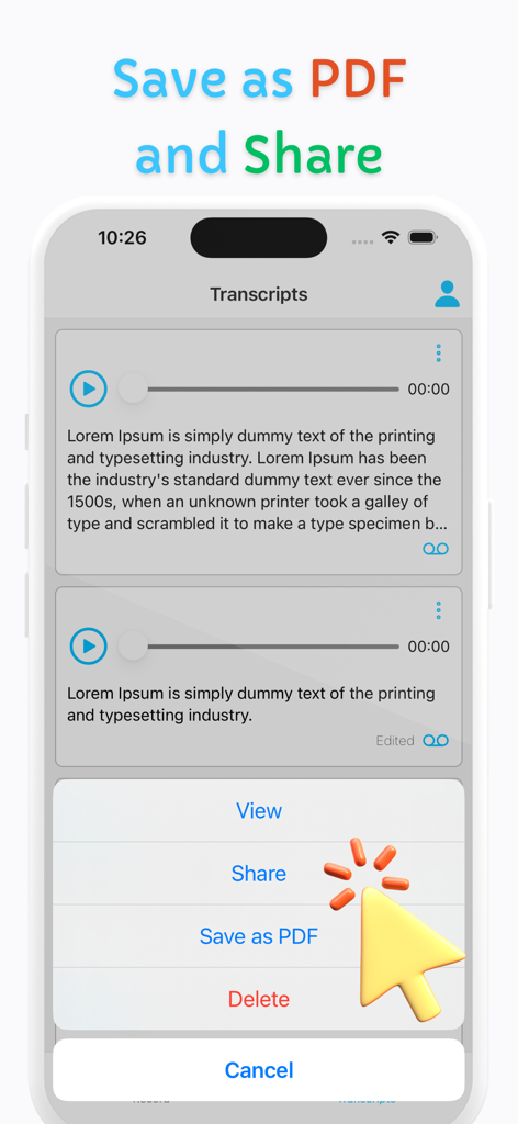 Voice Memo Transcription - Oberfläche der Sprachmemo-Transkriptions-App, die die Option zum Speichern eines Transkripts als PDF-Datei anzeigt