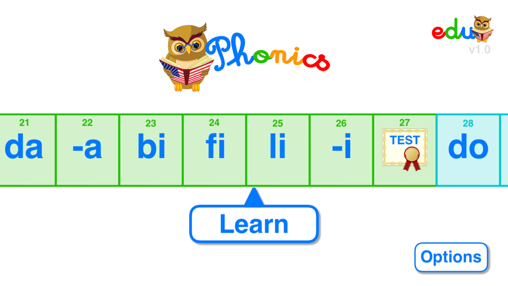 Phonics - Free - Learn to read - Interface of the Phonics learning app showing progressive levels with phonetic syllables and a learn button.