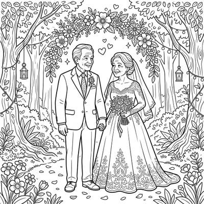 Commemorate a lifetime of love with this heartwarming coloring page depicting an elderly couple's beautiful wedding day amidst a serene natural landscape. This delightful scene offers a peaceful and intricate canvas for your creative coloring journey.