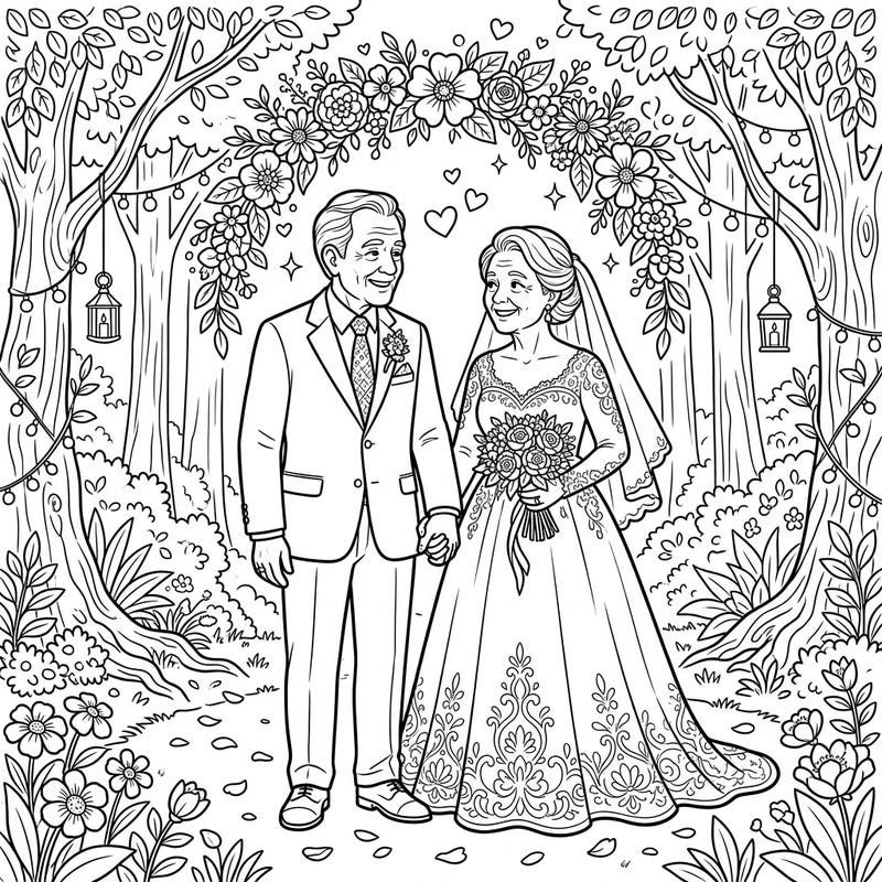 Commemorate a lifetime of love with this heartwarming coloring page depicting an elderly couple's beautiful wedding day amidst a serene natural landscape. This delightful scene offers a peaceful and intricate canvas for your creative coloring journey.