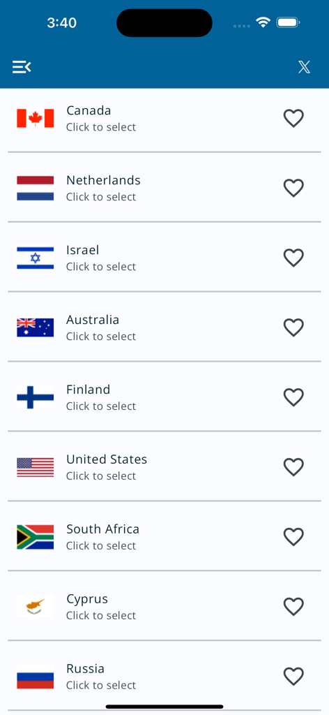 Hoxx VPN - A list of global server locations in the Hoxx VPN app showing various countries
