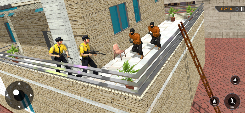 Thief  Sneak Robbery Simulator - シミュレーションゲームで、バルコニーで強盗と対峙するライフルを持った警官たち