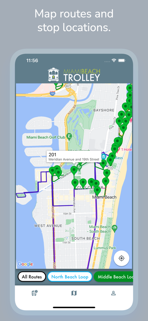 Miami Beach Trolley Tracker - Interfaz de la aplicación Miami Beach Trolley Tracker que muestra un mapa con rutas de trolley en tiempo real y ubicaciones de paradas.