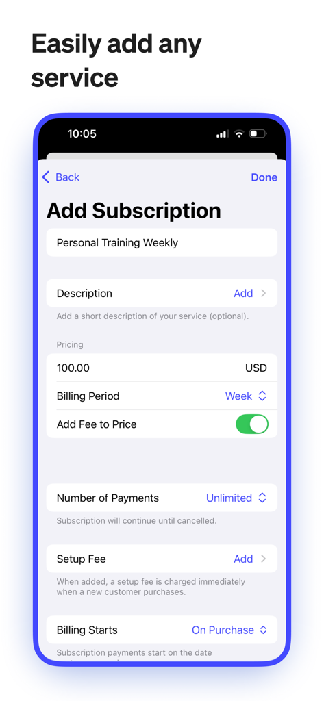 Newie - A mobile interface of the Newie app showing how to create a weekly subscription for a personal training service