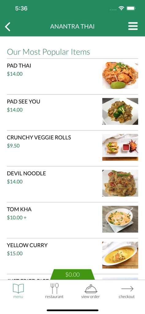 Anantra Thai mobile app screen showing popular menu items like Pad Thai and Yellow Curry with prices