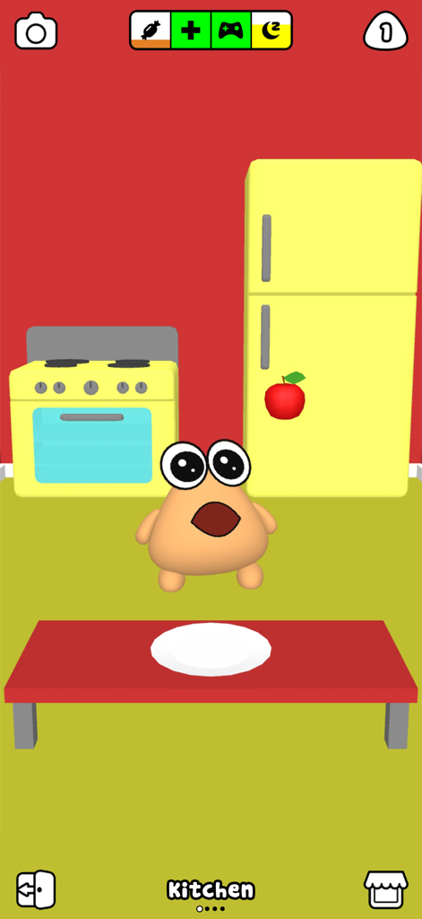 Pou 3D character standing in a kitchen with a yellow fridge and stove
