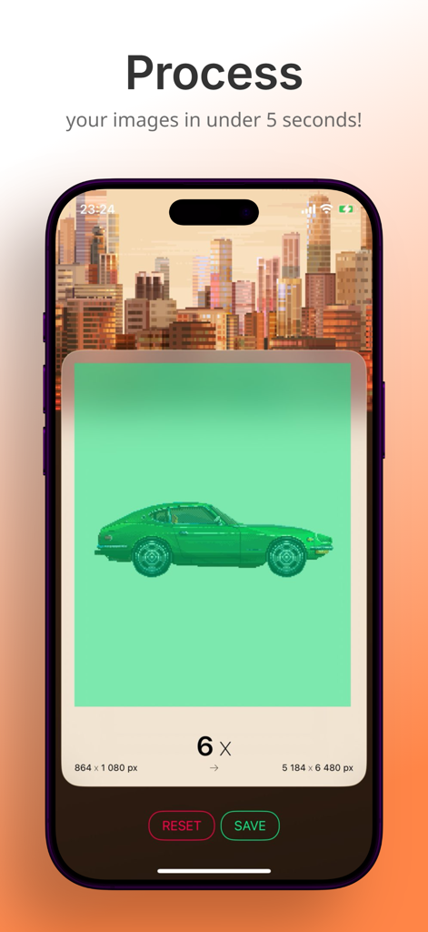 Pixel Scaler - Interface Pixel Scaler montrant une voiture pixel art en cours d'agrandissement six fois.