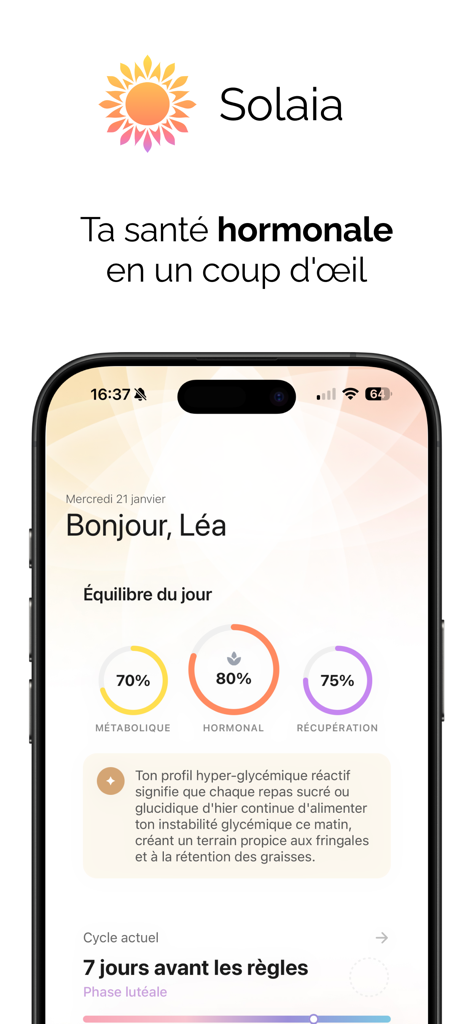 Solaia: Équilibre hormonal - Solaia app home screen showing daily metabolic and hormonal balance scores with menstrual cycle tracking.