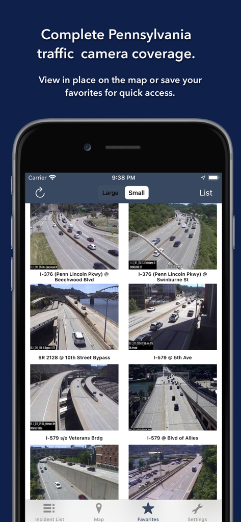 Mobile app screen displaying a grid of live traffic camera feeds from various Pennsylvania highways