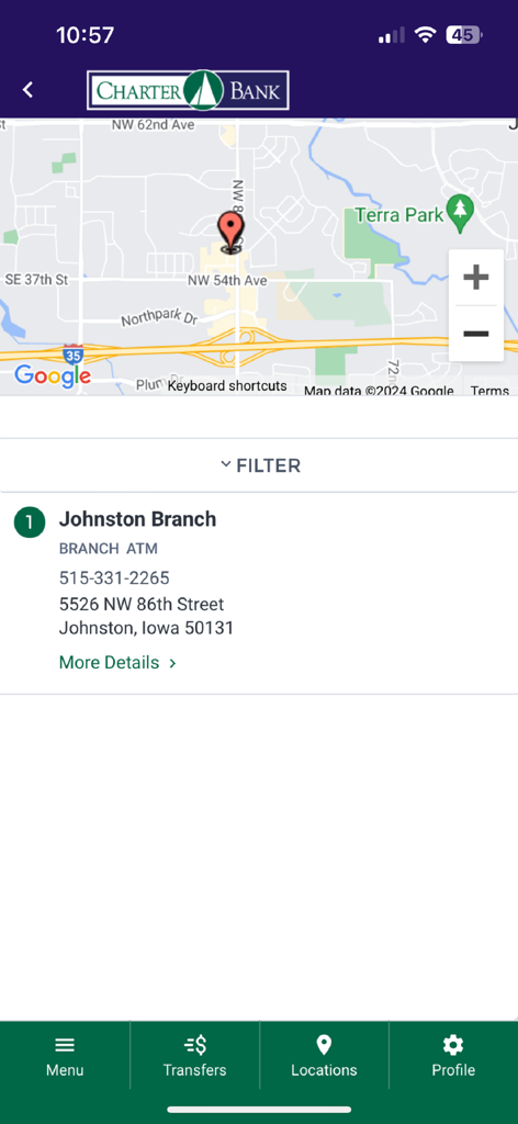 CharterBanker - Charter Bank mobile app branch locator screen showing the Johnston branch map and contact details