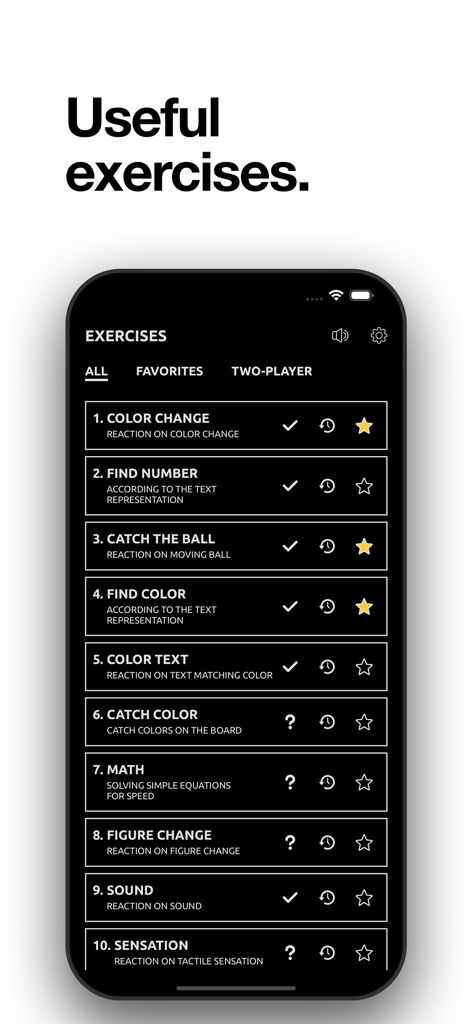 Reaction training. - Lista de ejercicios cognitivos y de reflejos en la interfaz de la aplicación Entrenamiento de Reacción