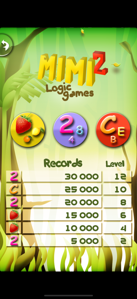 Mimi 2: Logic games - Pantalla de récords de Mimi 2 Juegos de Lógica que muestra puntuaciones y niveles para los modos de juego de frutas, números y letras