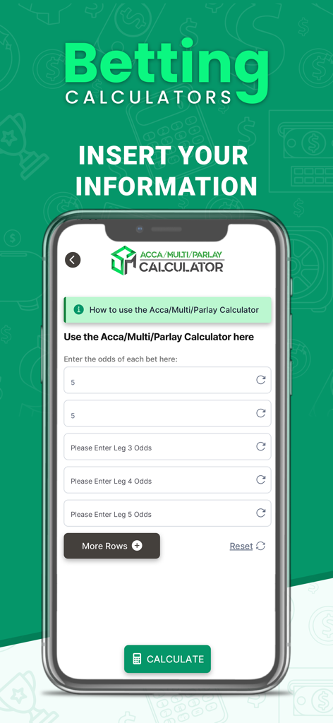 Oberfläche des Parlay-Rechner-Tools innerhalb der Betting Calculators App mit Eingabefeldern für mehrere Legs