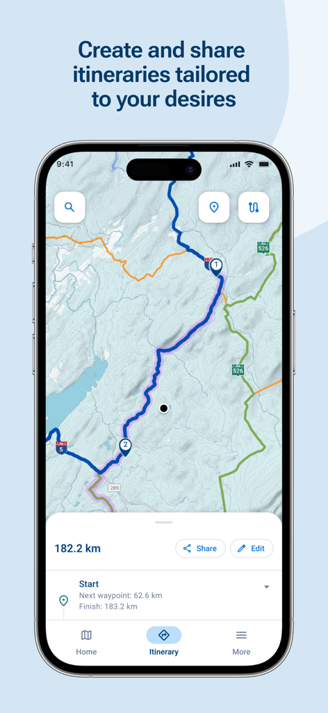iMotoneige app screenshot showing a snowmobile trail itinerary on a map
