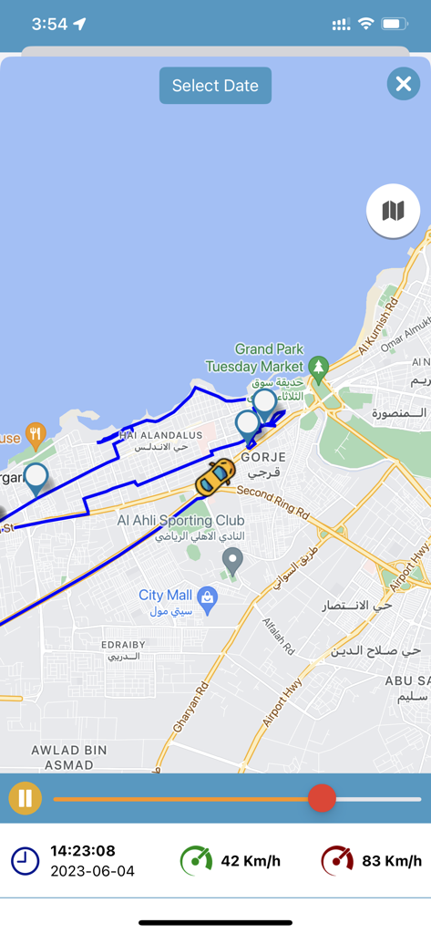 Una schermata della cronologia del percorso del veicolo su una mappa che visualizza la velocità e le informazioni sull'ora