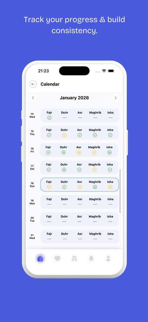Prayer Pro - Muslim Prayers - Screenshot of Prayer Pro app showing a prayer progress calendar to track daily consistency.