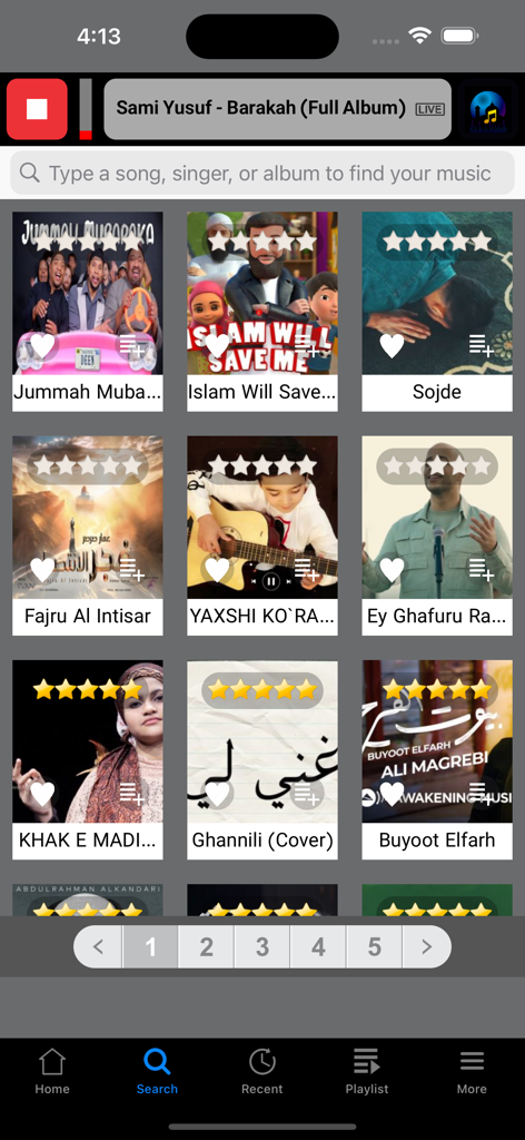 Islamic Music Radio Network - A mobile app interface showing a search results grid of Islamic music and Nasheed albums.