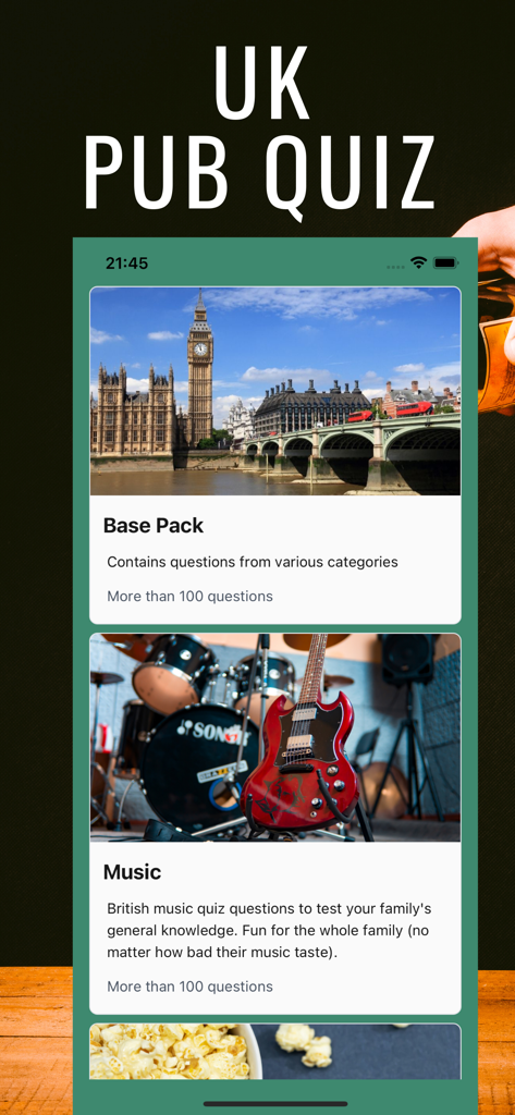 Hayo: Trivia Games & Quiz - Hayo app interface showing UK pub quiz categories like Music and Base Pack