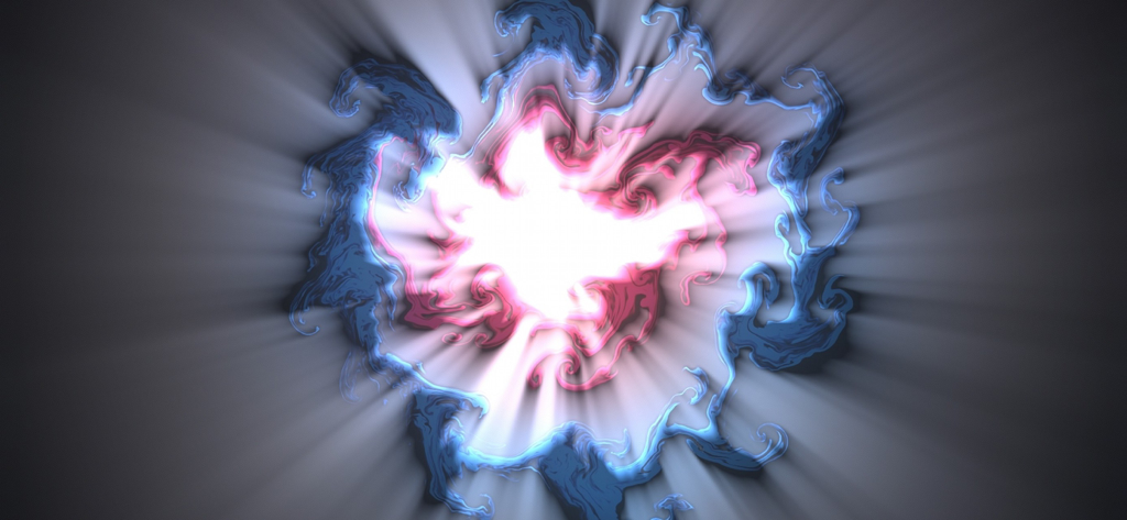 Leuchtende abstrakte Flüssigkeitskunst mit blauen und rosa Wirbeln und Lichtstrahlen