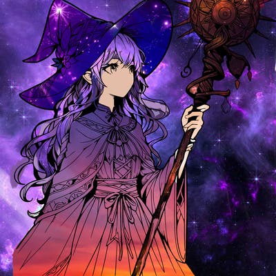 a realistic fantasy manga witch with a staff