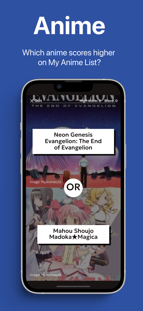 Una captura de pantalla del juego 'Mayor o Menor' que presenta un modo de trivia de anime comparando las calificaciones de MyAnimeList entre dos programas populares.