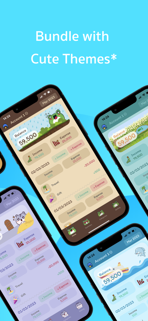 Four smartphones displaying different colorful animal themes for the Lomaa income and expense tracking app