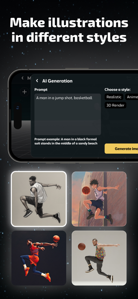 AI Pose Generator: Model Maker - AI Pose Generator app interface showing a basketball jump shot prompt and four different generated illustration styles including anime and realistic