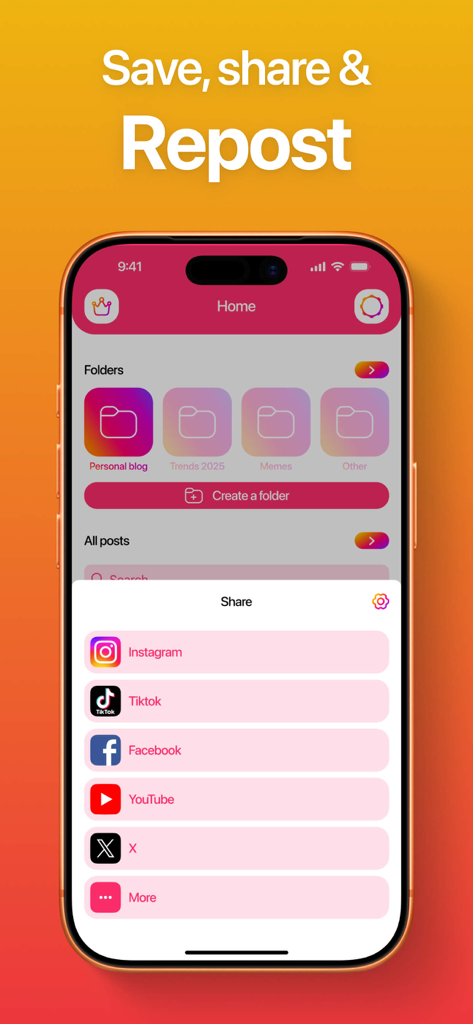 Repost for Instagram + - Repost for Instagram app interface showing content organization folders and social media sharing options