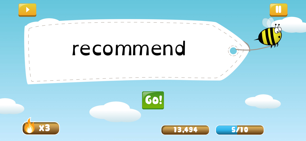 Spelling Shed - Spelling Shed app showing the word recommend on a tag pulled by a bee in a blue sky background