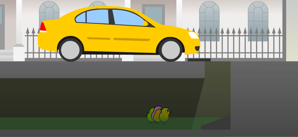 Three colorful ducks in an underground tunnel below a yellow car on the street