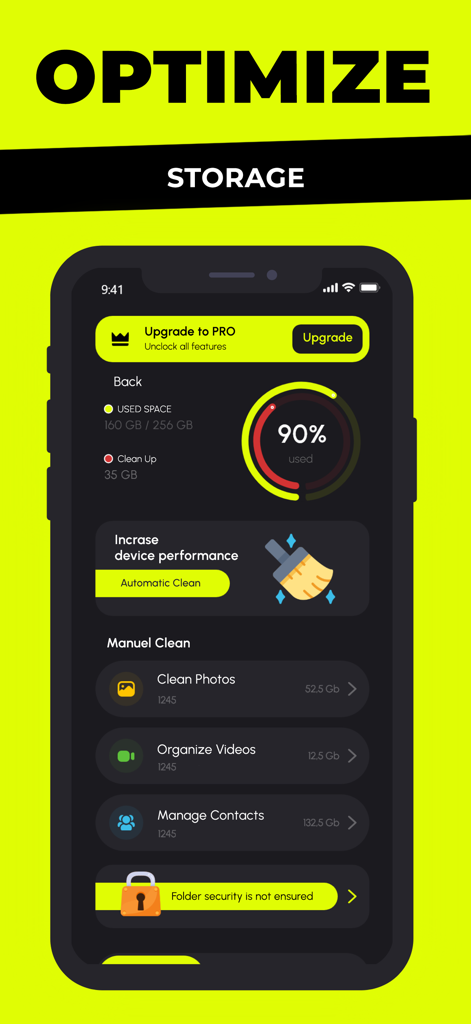 Clean AI - Phone Cleaner - Tableau de bord de l'application Clean AI montrant les options d'optimisation du stockage et 90 % d'utilisation de la mémoire de l'appareil