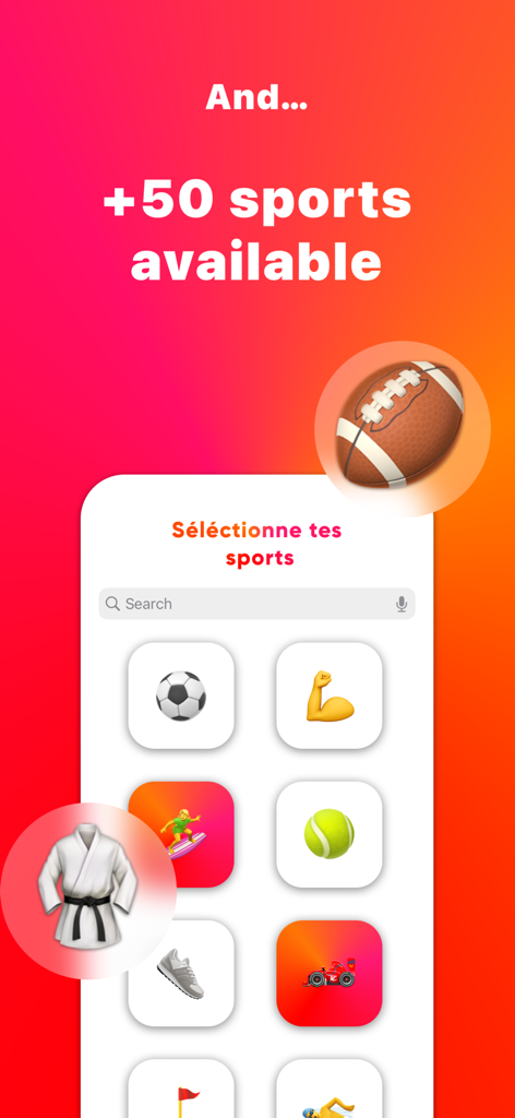 AtClub - Sports partners - Pantalla móvil que muestra una variedad de iconos deportivos y una barra de búsqueda para que los usuarios seleccionen sus actividades favoritas en la aplicación AtClub.