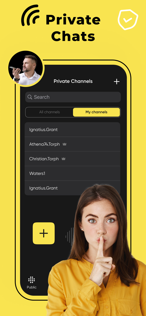 Interface of the Walkie Talkie app showing a list of private chat channels with a woman making a shushing gesture.