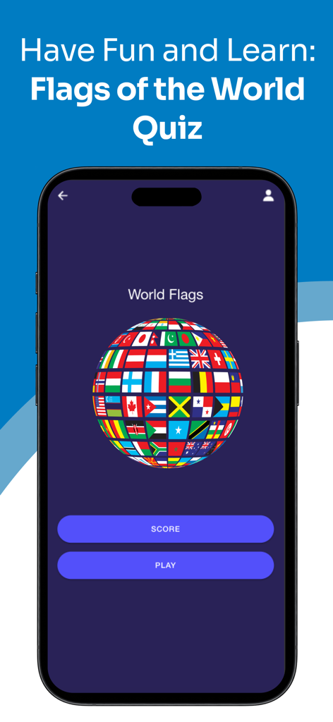 Quiz Flags Around the World - Main menu of the Quiz Flags Around the World app featuring a globe made of international flags and a play button.