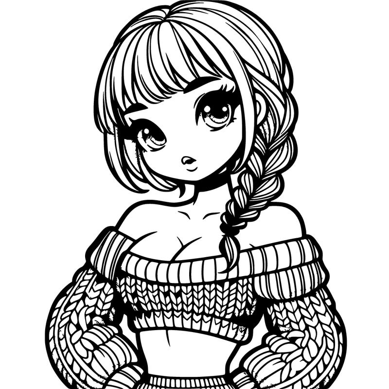 girl in a cute knitted crop top with bare shoulders and braids with bangs standing up