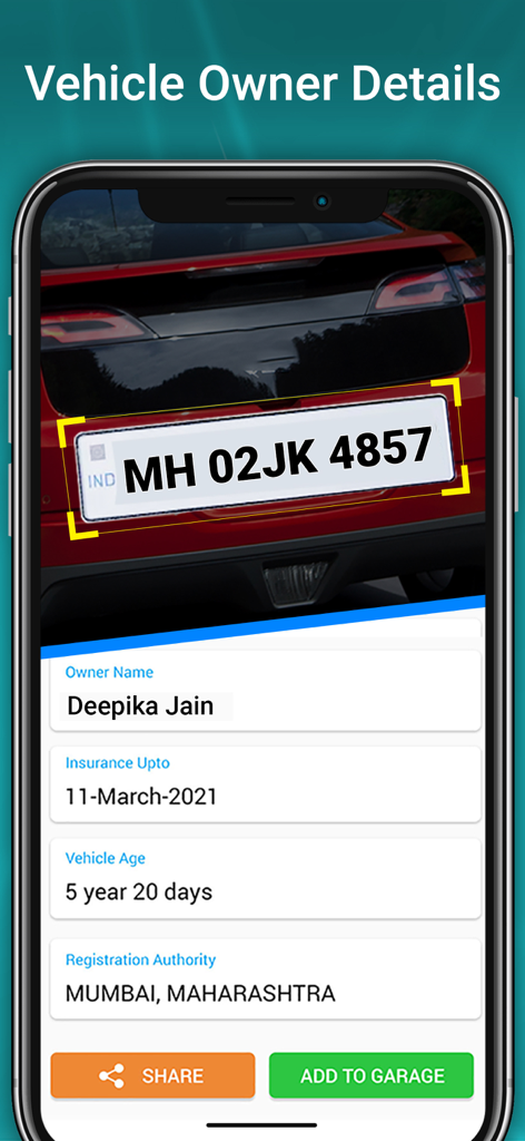Vehicle Info - Vahan Master - Screenshot of the Vahan Master app displaying vehicle owner name registration date and insurance details for a car in India