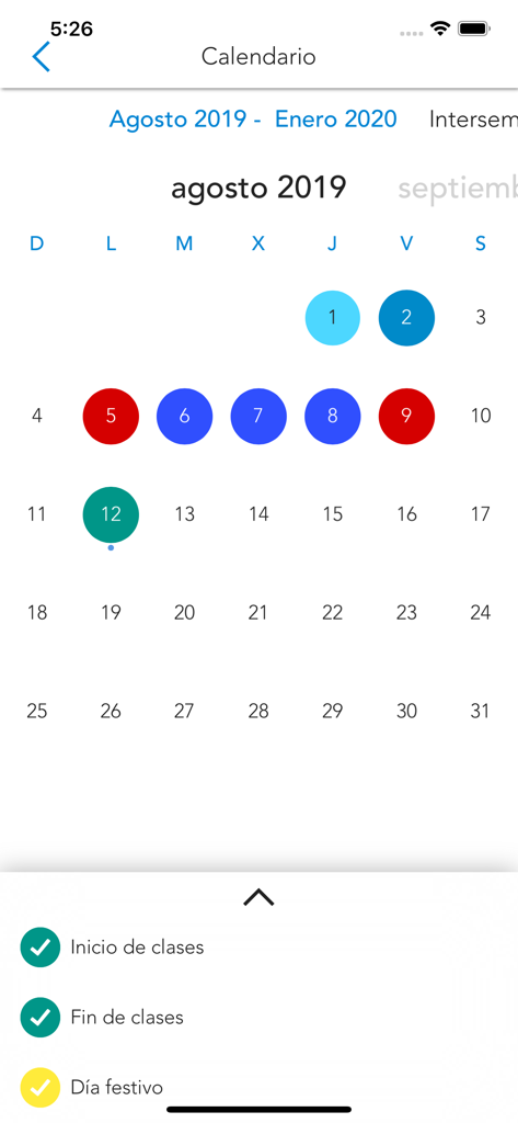 MiUV - Academic calendar view in the MiUV app showing university dates