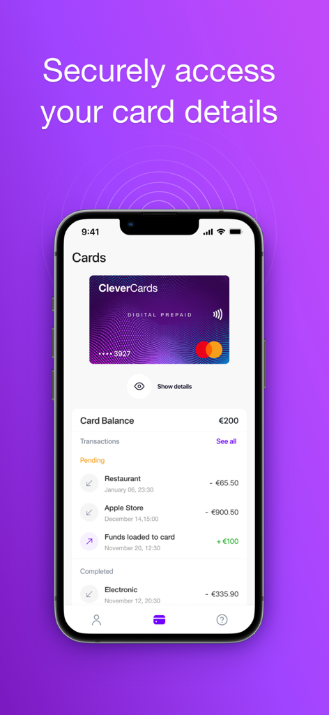 CleverCards mobile app interface displaying a digital prepaid Mastercard with balance and transaction history