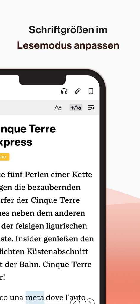 ADESSOイタリア語学習アプリの読書モードでの調整可能なフォントサイズ。